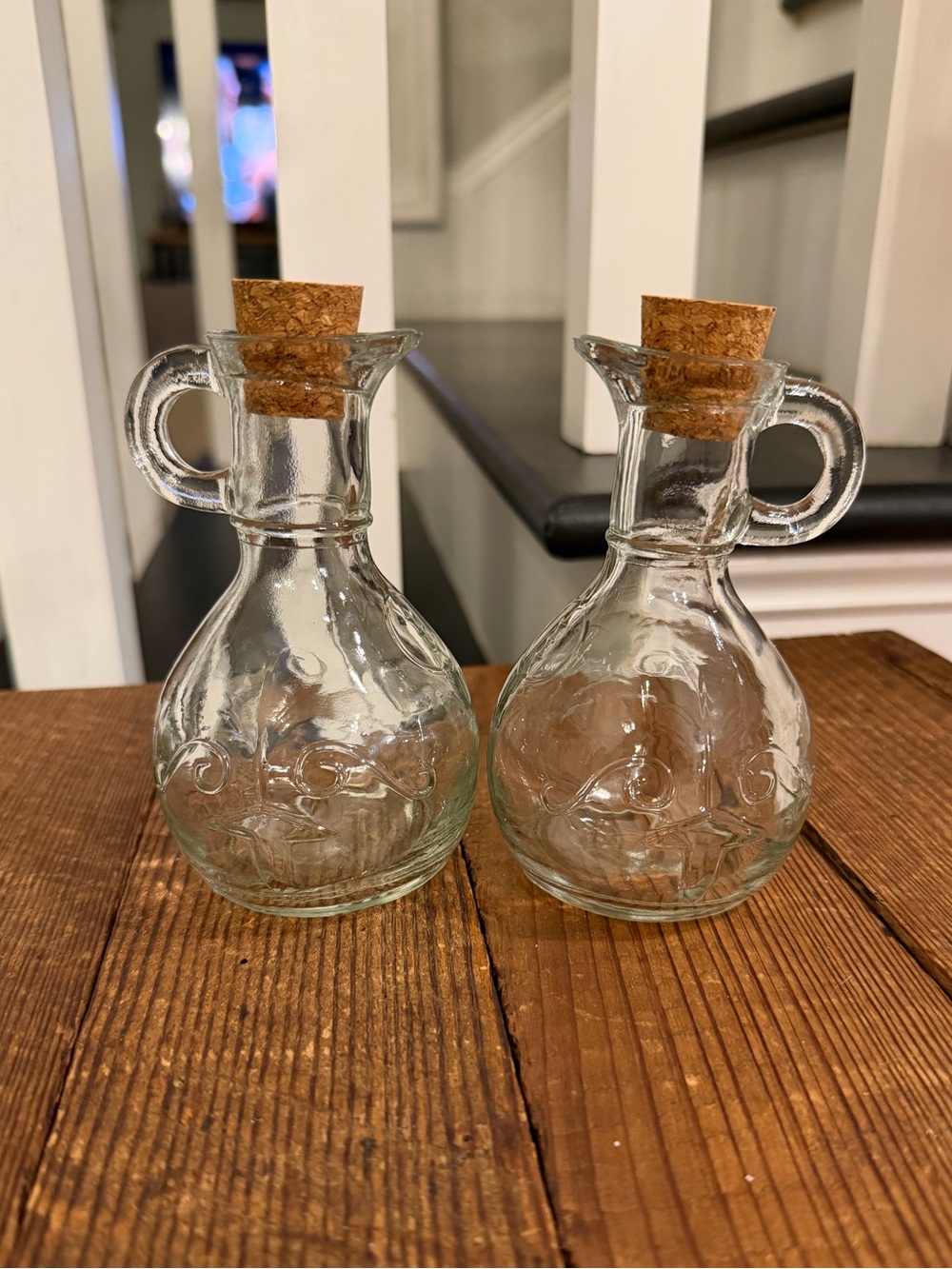 Pair of vintage clear embossed glass Oil and Vinegar Cruets